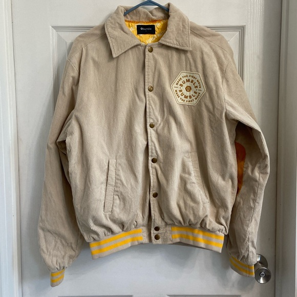 Bumble Dating App Corduroy Jacket Size Medium Tan Varsity Snap Front Lined - Picture 1 of 8